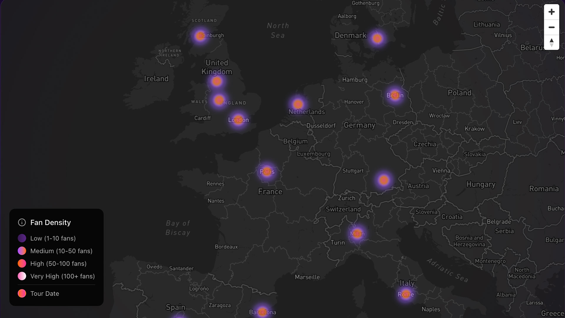 Interactive heat map showing fan locations across the US