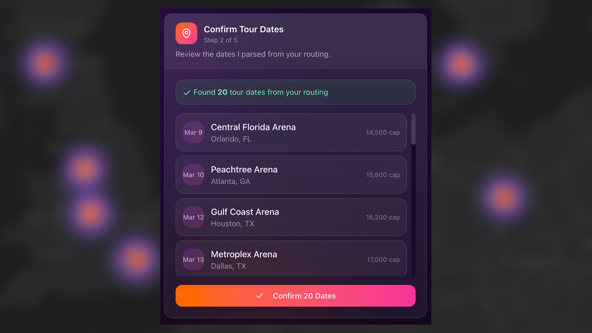 AI Tour Builder showing tour dates and routing